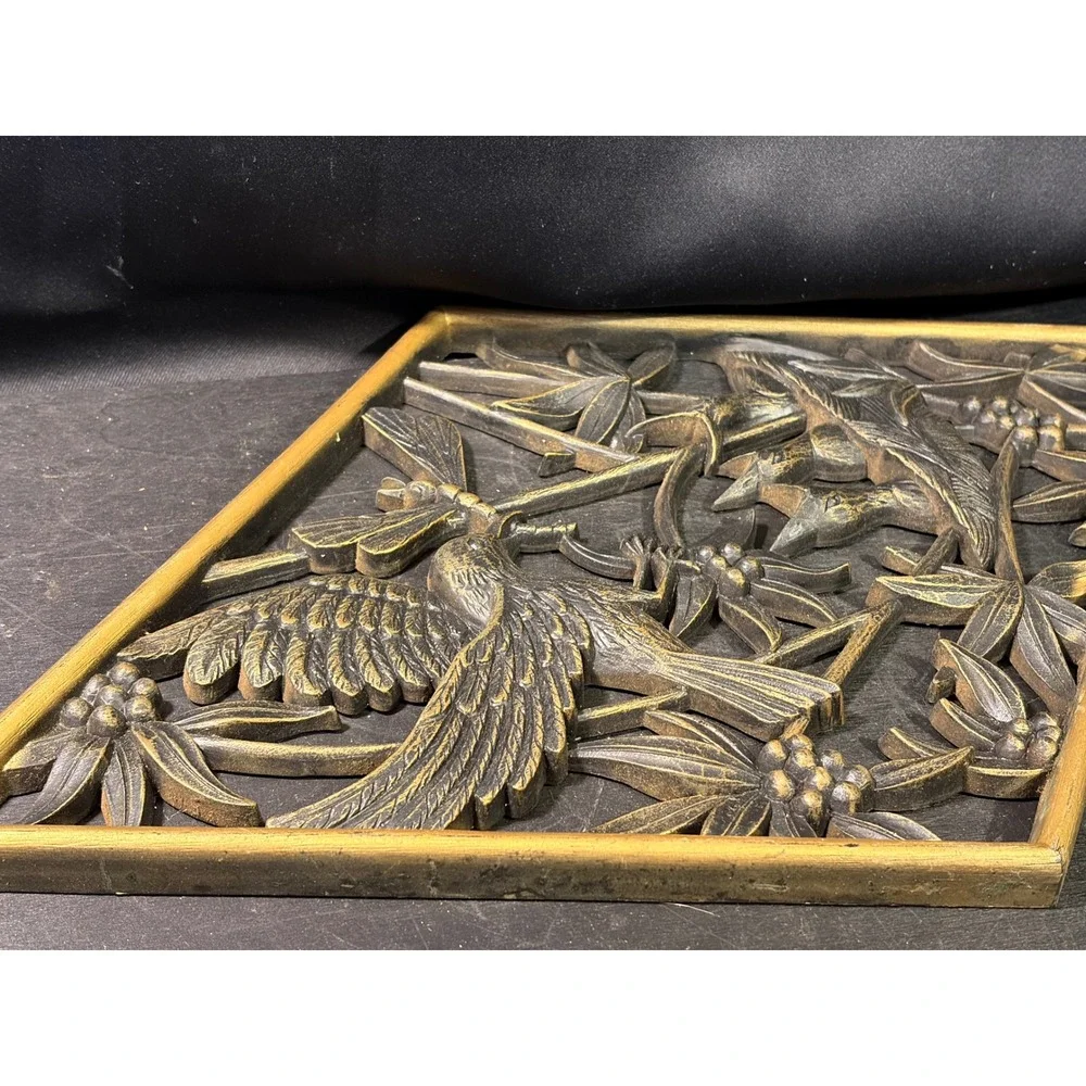 Vintage 1972 Burwood Products Bird Nest Dragonfly Diamond Wall Art Plaque Gold
